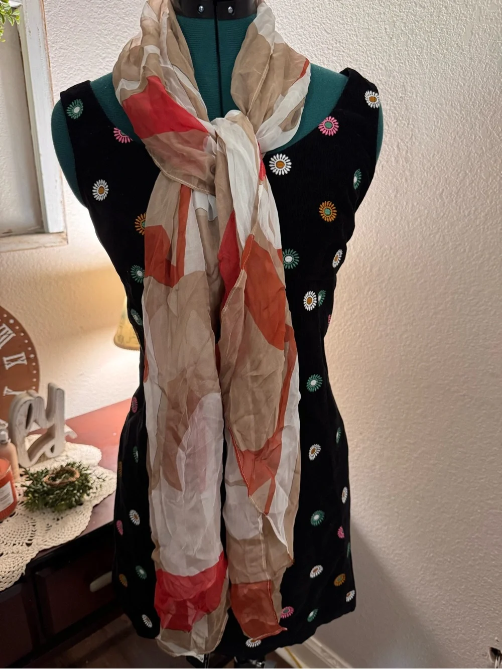 NWT M&S Collection Pure Silk Abstract Scarf Wrap Beige Coral